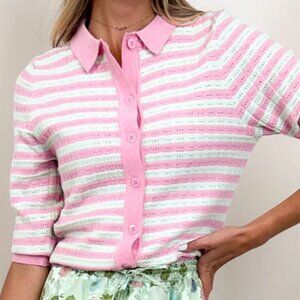 UDEL NY Waffle Knit Cardigan - PINK/MINT STRIPED - SIZE M (Runs Small)